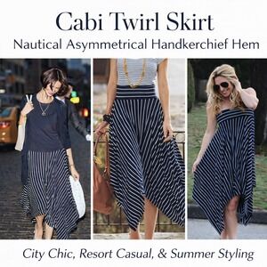 NEW Cabi Twirl‎ Skirt Navy White Stripe Asymmetrical Handkerchief XL 5183